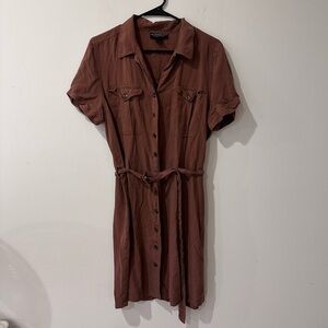 Metropolitan New York 100% silk brown button down belted shirt dress size 16
